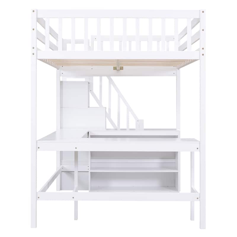 Roomfitters Full Loft Bed with L-Shaped Desk, Three-Tier Storage Shelves and Staircase Access