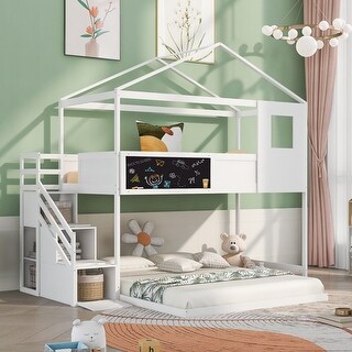 Twin over Full House Bunk Bed with Storage Staircase and Window - Bed ...