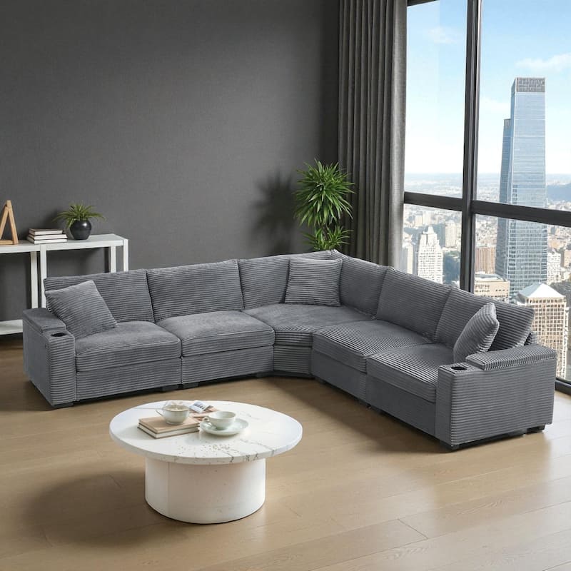 106" Convertible L-Shaped Modular Corduroy Sectional Sofa with Armrest Storage Cup Holders USB Charger Corner Couch - Grey