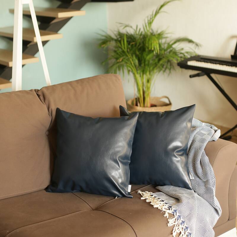 Decorative Faux Leather Solid Square Throw Pillow Cover (Set of 2)