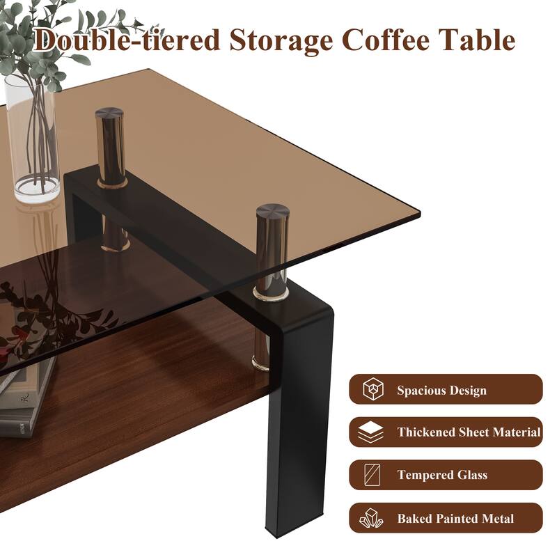 Rectangle Coffee Table, Tempered Glass Tabletop with MDF Layer, Modern Table for Living Room, Brown Glass