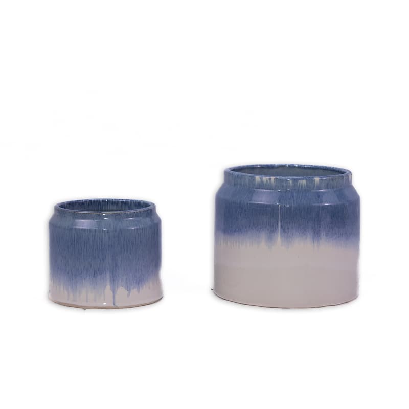 Glossy Ceramic Planters All-Weather Resistant with Drainage (Set of 2) - White+Blue