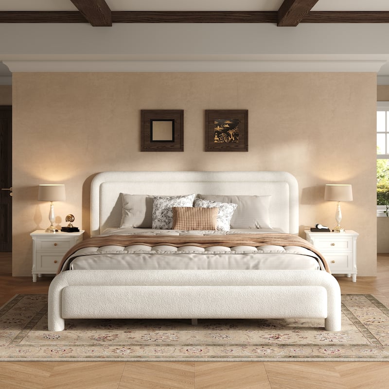 Christopher Knight Home - Boucle Upholstered Platform Bed Frame with Curved Headboard