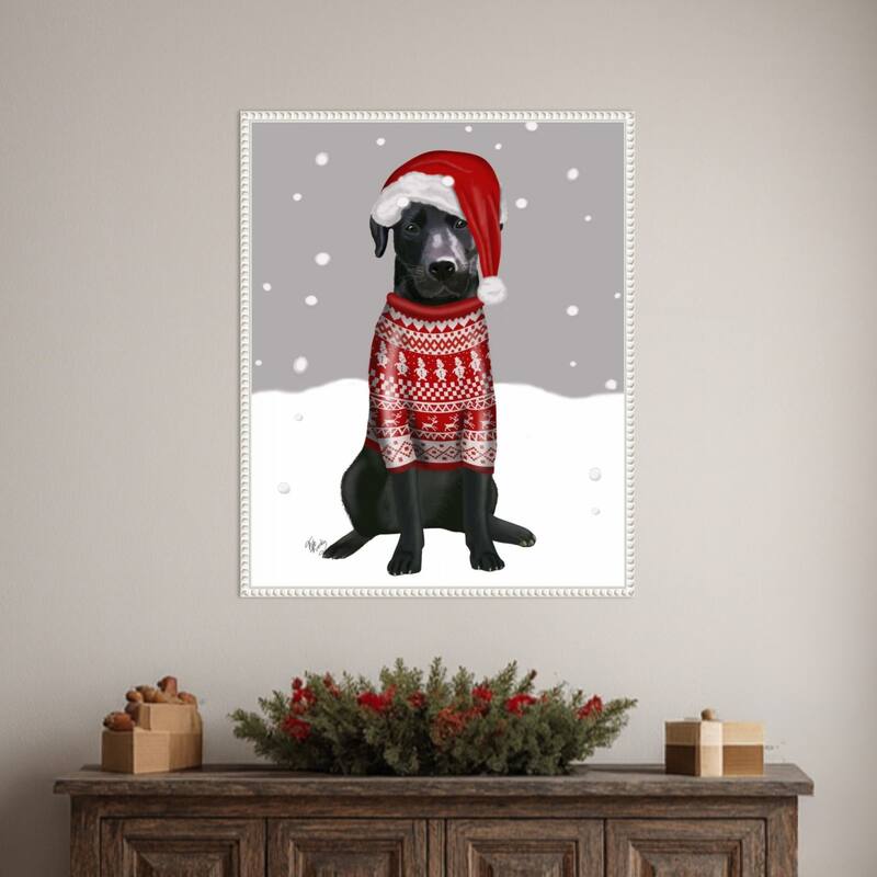 Black Labrador Christmas Sweater 1 by Fab Funky (23 x 28 in.), Framed Canvas Wall Art Print - Sylvie Beaded White