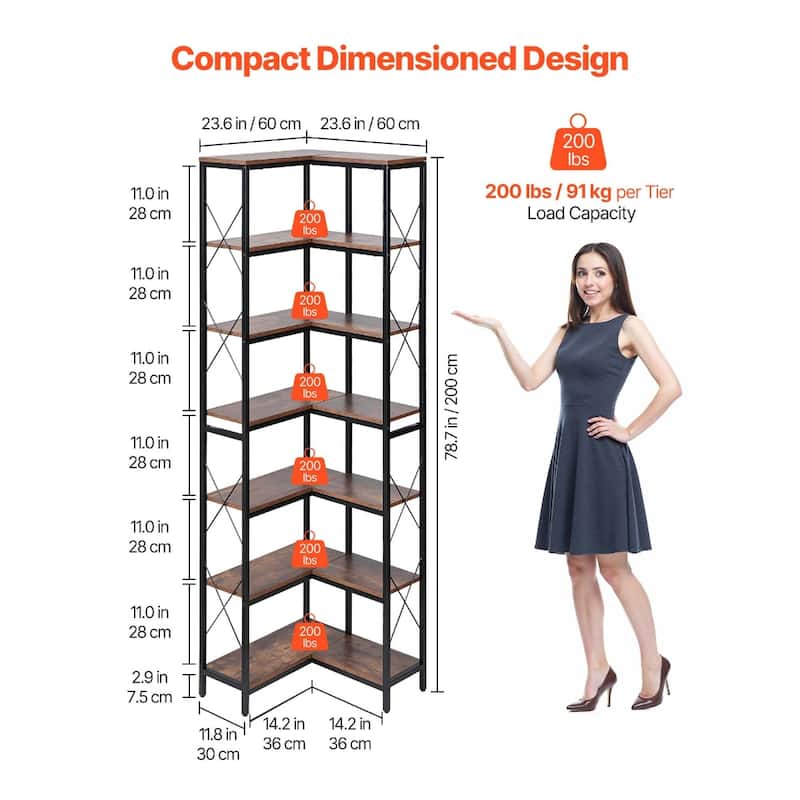 Corner Bookshelf 7 Tier Storage Bookcase Metal Frame for Home Office - 23.6 x 23.6 x 78.7 in