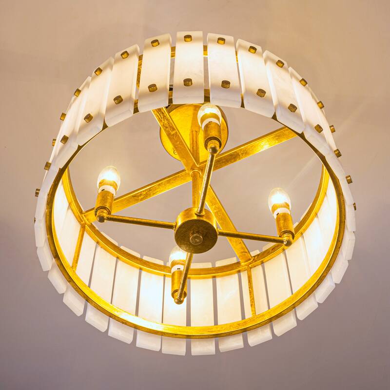 18" Modern Marble Distressed Gold 4-Light Caged Semi-Flush Ceiling Light