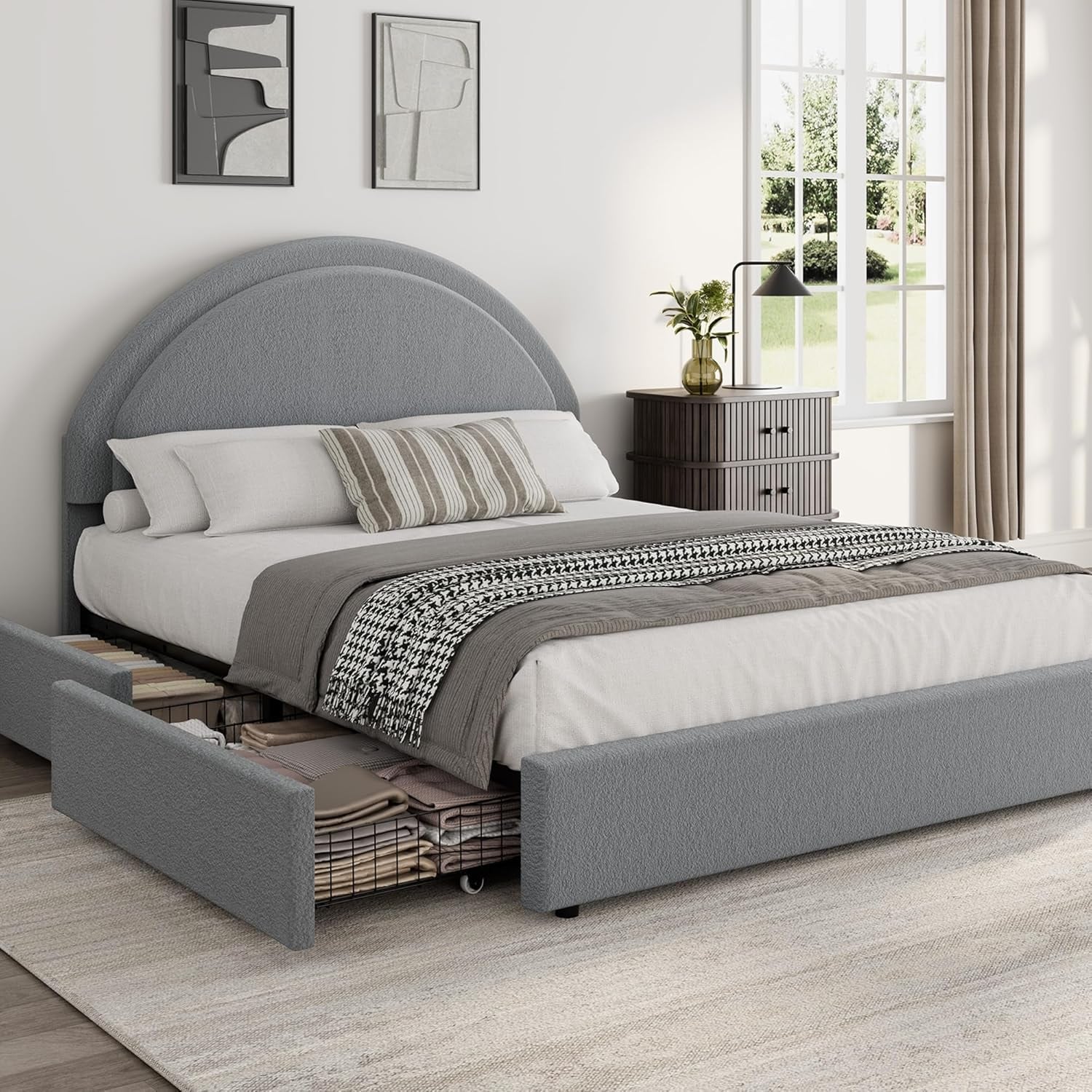 Twin Boucle Bed Frame with Storage Drawers, White Upholstered Platform Bed with Round Headboard, Noise-Free