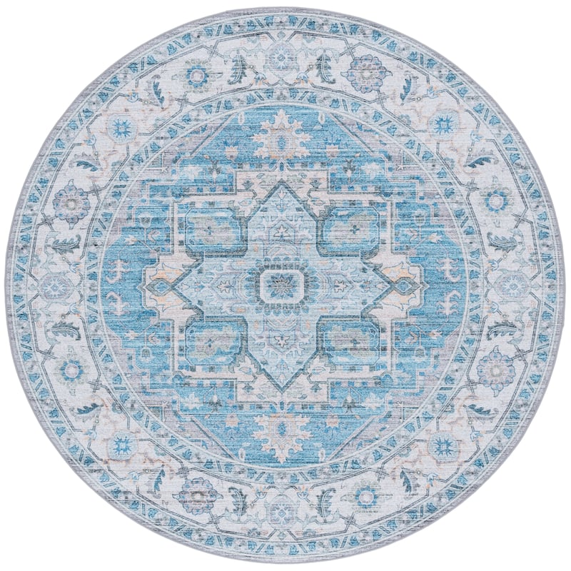 SAFAVIEH Tucson Ava Machine Washable Slip Resistant Shabby Chic - 6' Round - Grey/Turquoise