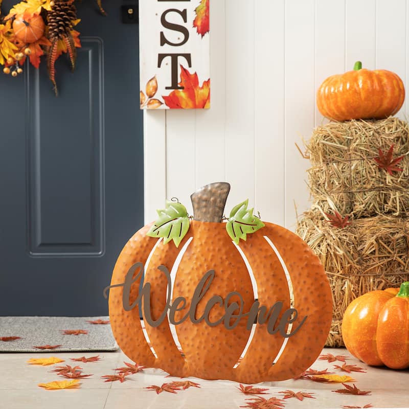 Glitzhome Fall Oversized Metal Pumpkin Yard Stake / Wall Decor / Standing Sign (Three Function)