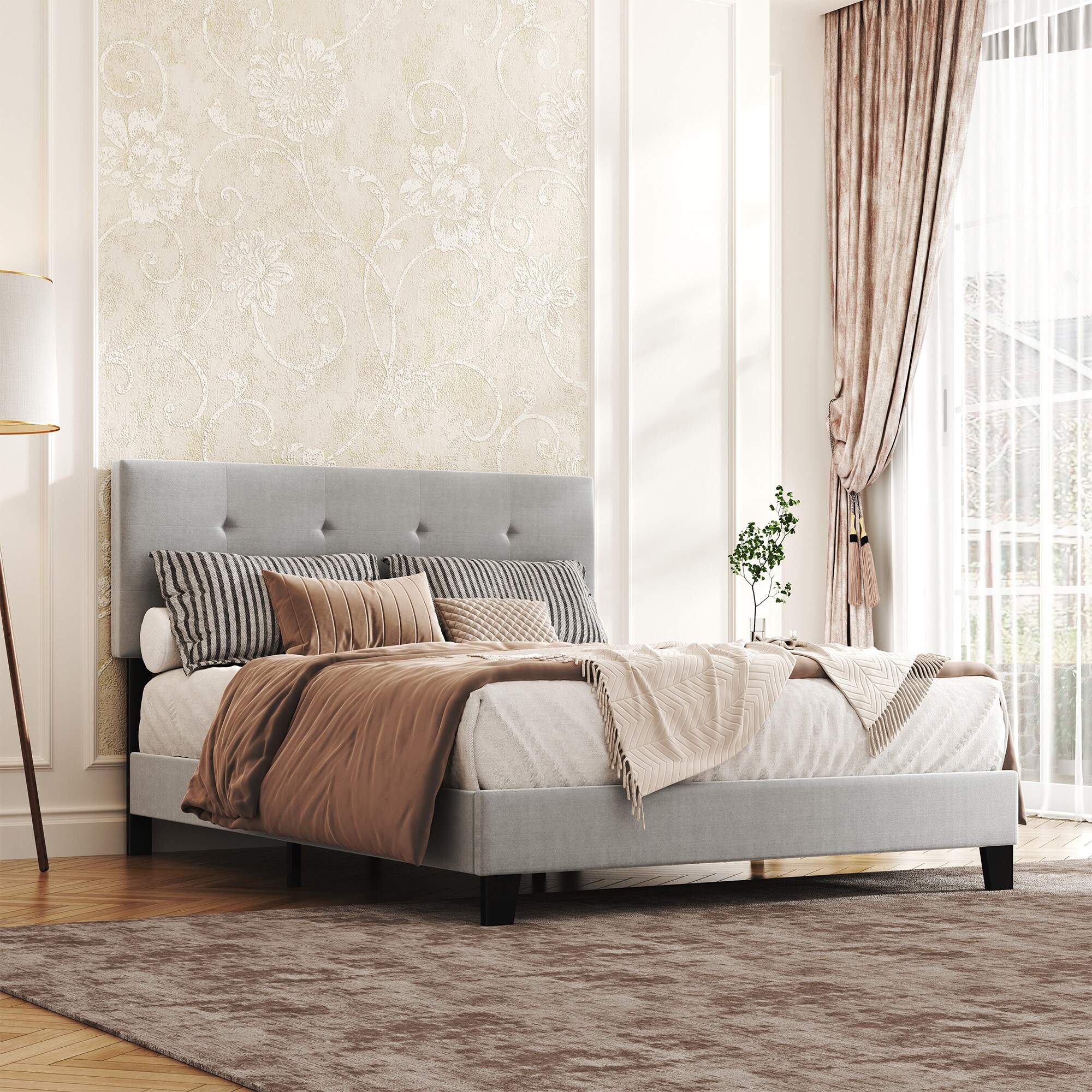 Upholstered Platform Bed Frame with Tufted Headboard
