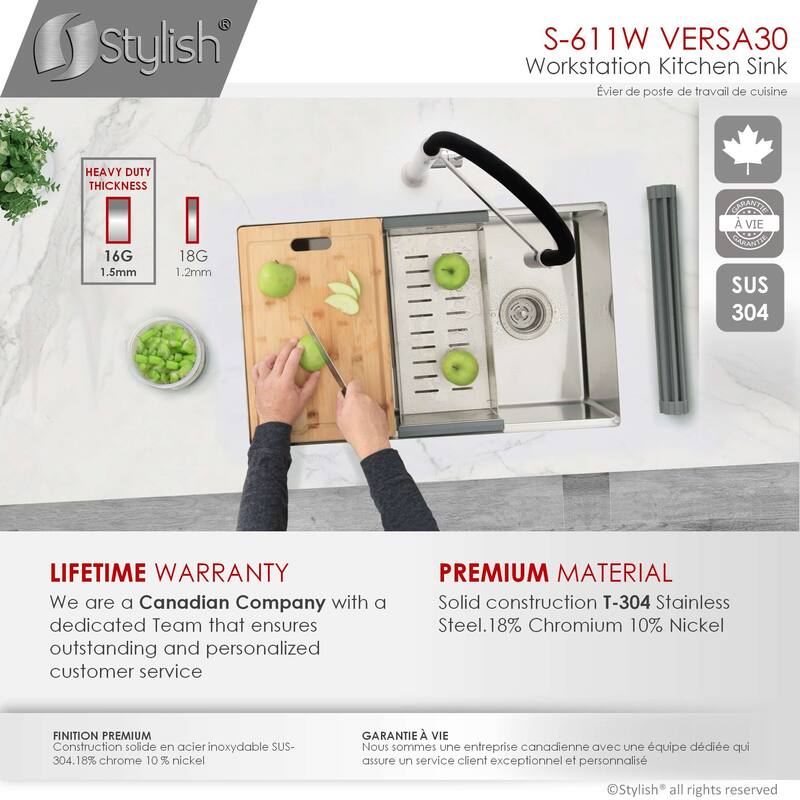 STYLISH 30 inches Workstation Single Bowl Undermount 16 Gauge Stainless Steel Kitchen Sink with Built in Accessories