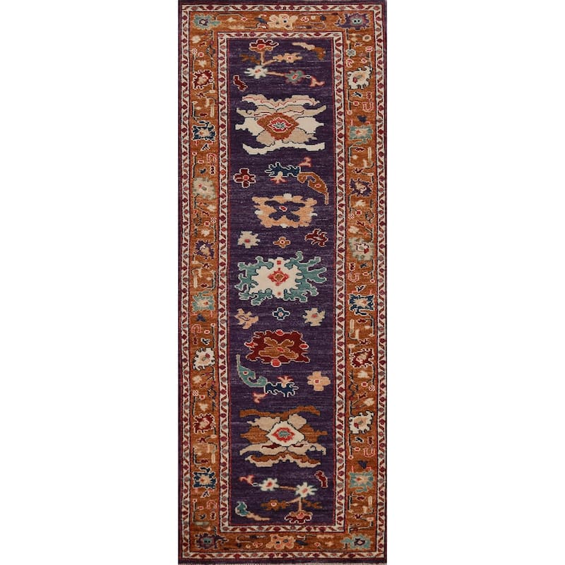 Hand Knotted Oriental 100% Wool Carpet Transitional Floral Purples Oushak Runner Rug - 9' 11'' X 2' 8''