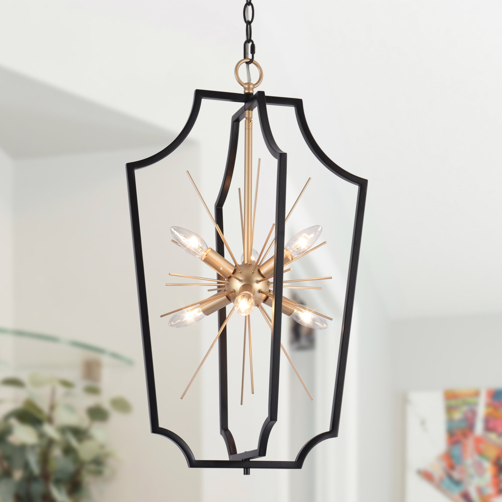 Modern Glam 6-Light Black Gold Sputnik Chandelier Cage Pendant Light for Dining Room - 14.5'' D x 26.5'' H