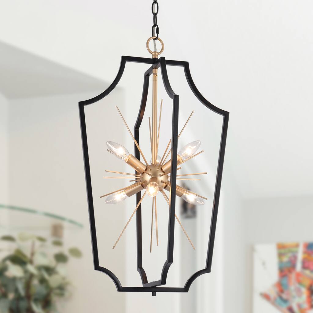 Modern Glam 6-Light Black Gold Sputnik Chandelier Cage Pendant Light for Dining Room - 14.5'' D x 26.5'' H
