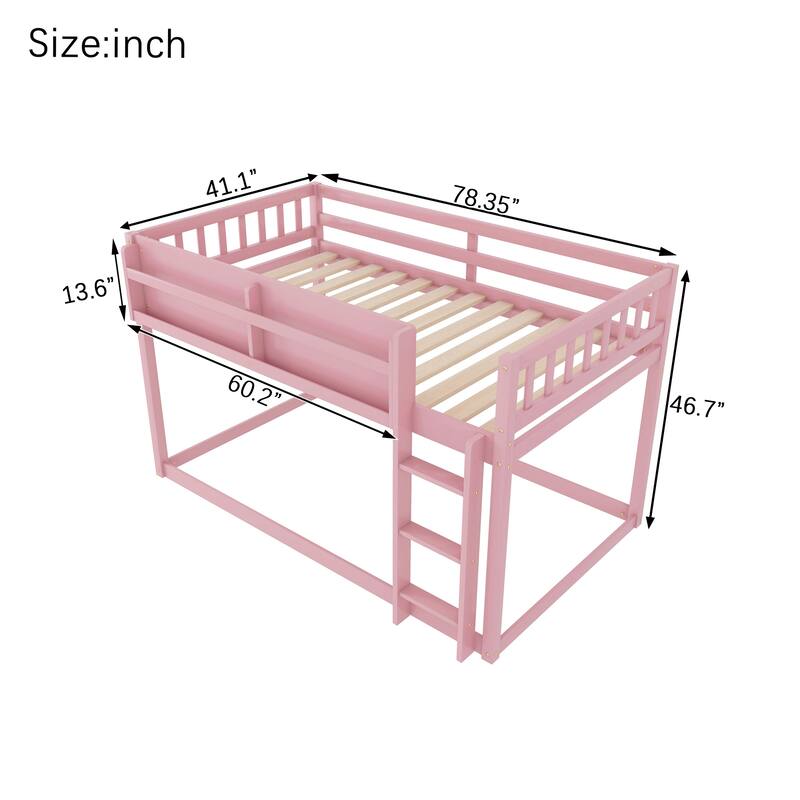 Low Twin Over Twin Floor Bunk Bed with Ladder and Shelf, Solid Wood Convertible Bunk Bed for Kids and Juniors