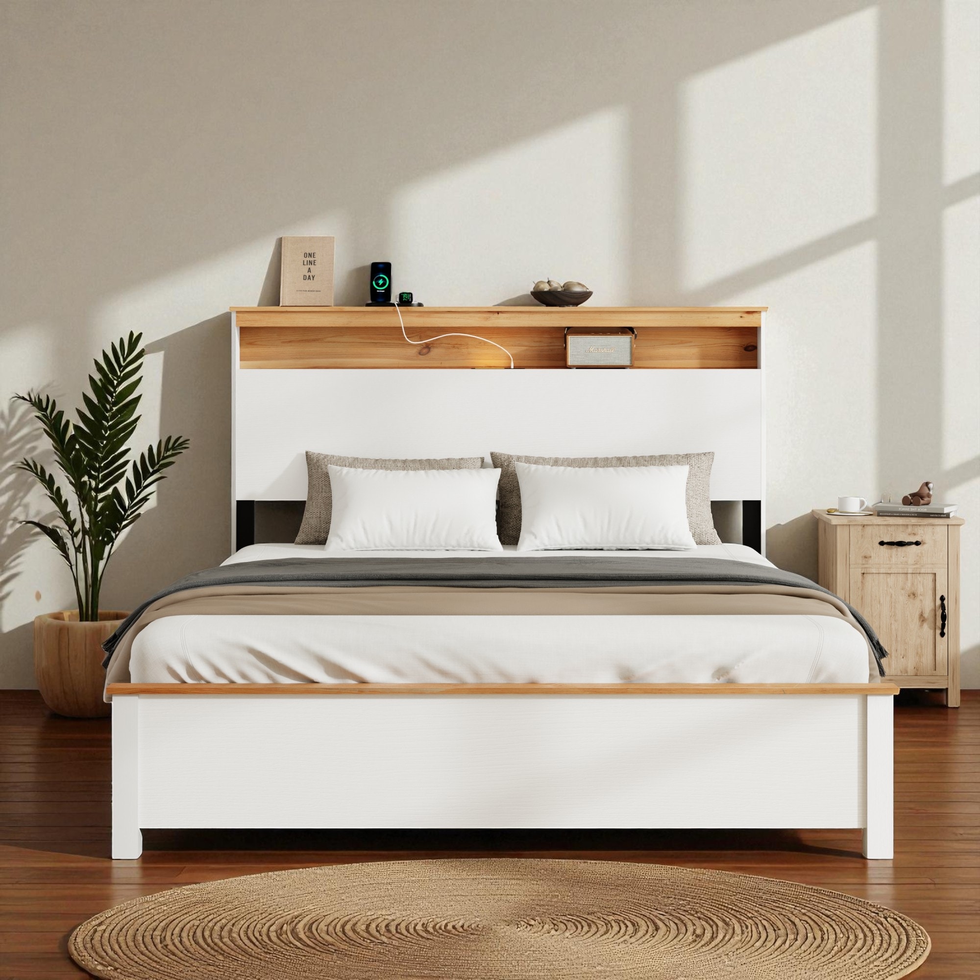 Full Size Bed Frame with Storage Headboard, LED Light, USB & Type-C Charging Station, Metal Slats, No Box Spring Needed