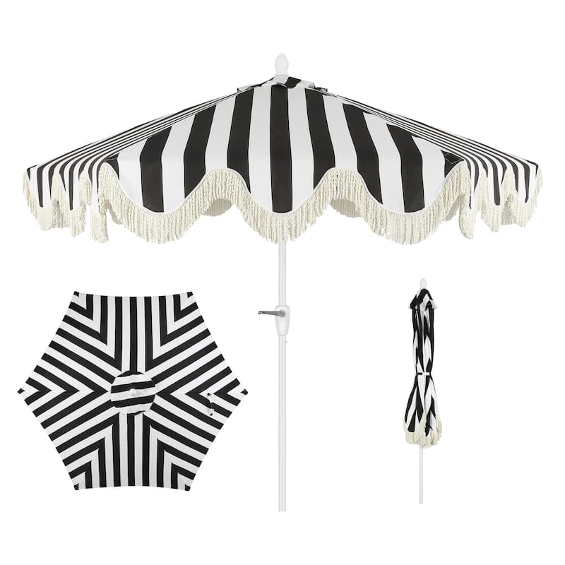 9ft Tassel Patio Umbrella Auto-Tilt, Crank , by JONATHAN Y