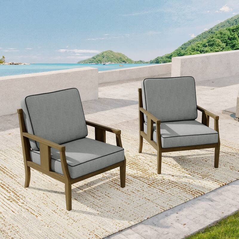 2 Set Brown Wood Outdoor Accent Club Chairs with Water-Resistant Cushions
