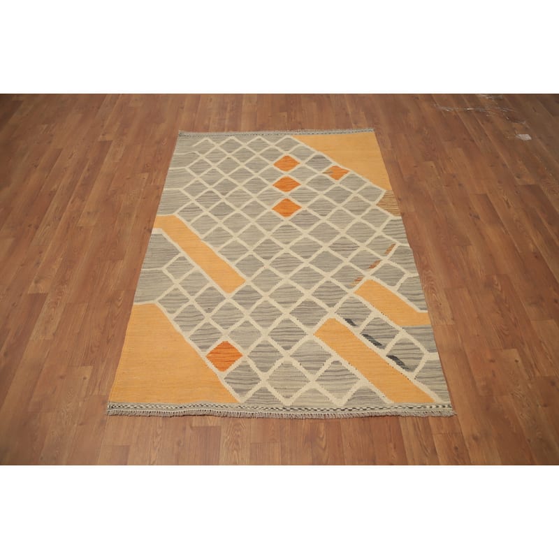 Hand Woven Oriental 100% Wool Carpet Southwestern Tribal Greys & Charcoal Kilim Area Rug - 4' 10'' X 3' 3''
