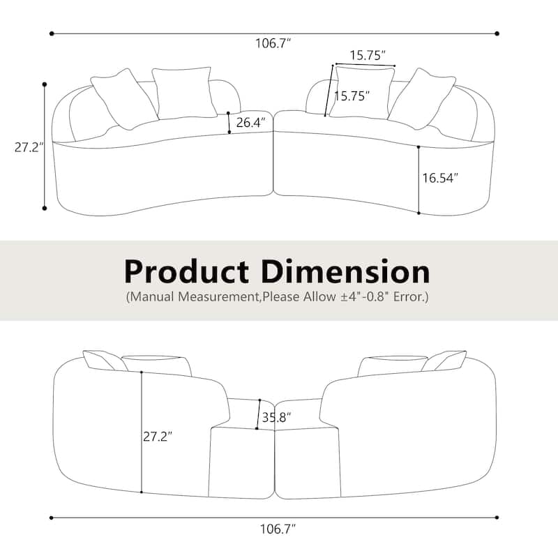 Curved Four Seater Compression Sofa 106.7", Teddy Velvet Cloud Couch, No Assembly Sofa for Apartments