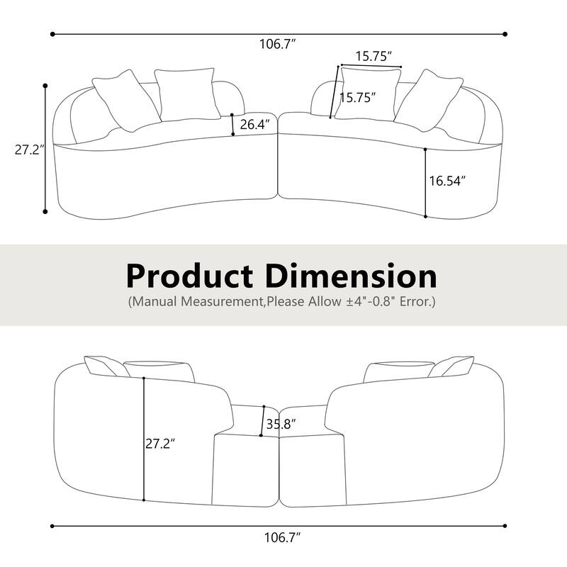 Curved Four Seater Grey Sofa, Teddy Velvet Fabric, No-Assembly for Small Spaces