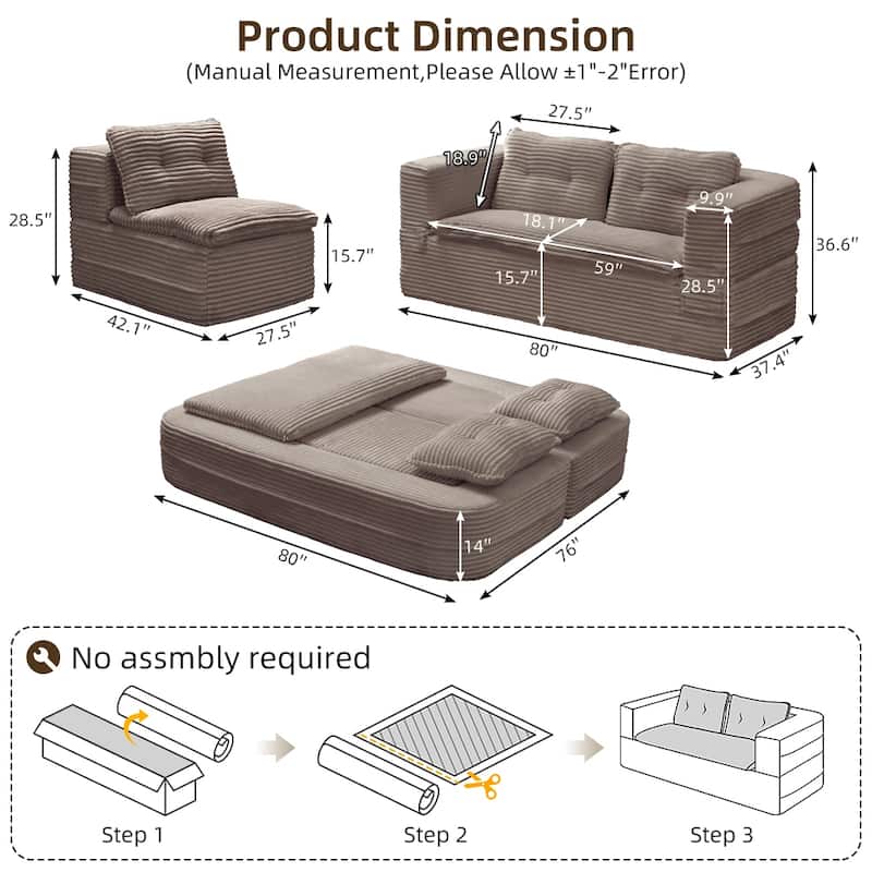 Sleeper Sofa with Chaise Lounge, Convertible Sectional Couch Bed, Corduroy 3-Seat Sofa, Folding Boneless Couch