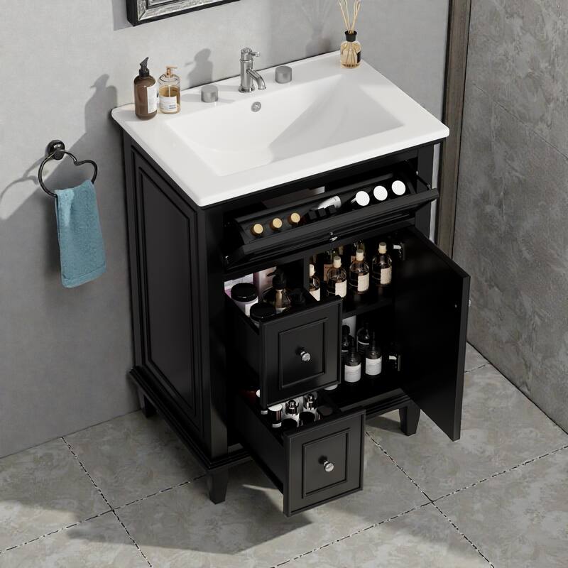24" Bathroom Vanity with Sink, Flip Drawer & 2 Drawers, Solid Wood Frame, Adjustable Shelf, Ceramic Top