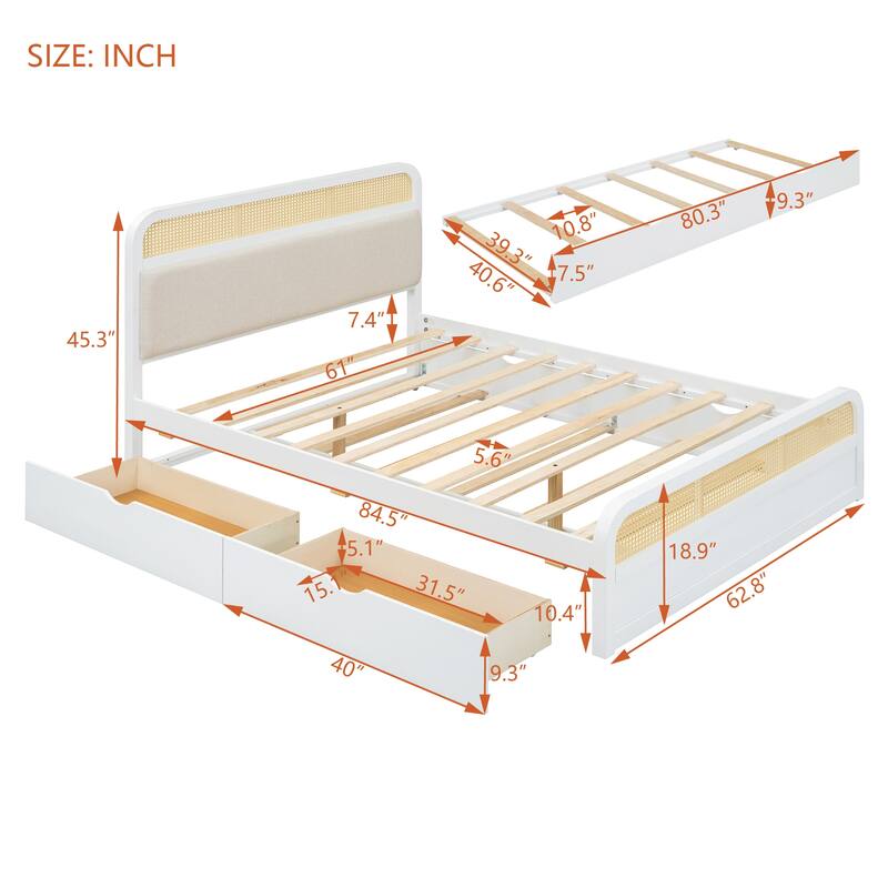 Queen size Wooden Platform Bed with Twin Trundle and 2 Storage Drawers, Classic Rattan Bed Frame with Upholstered Headboard