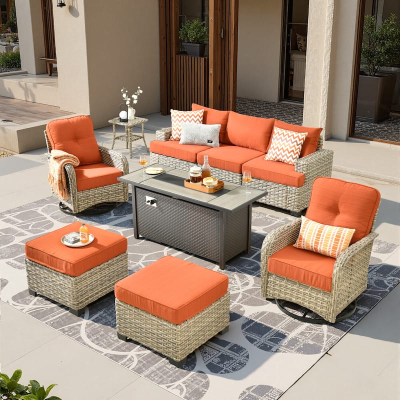 HOOOWOOO 9-piece Patio Sofa Wicker Swivel Rocking Chair Conversation Set - Red/Orange