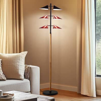 Brightech Ivo 65.2" Matte Black & Oak Midcentury 6-Light 30W Dimmable Integrated LED Modern Tree Floor Lamp With Red Leaf Shades