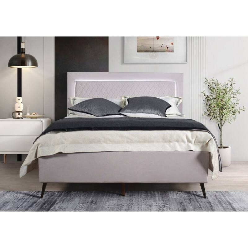 Modern Upholstered Platform Bed with Adjustable LED Headboard, Light Gray