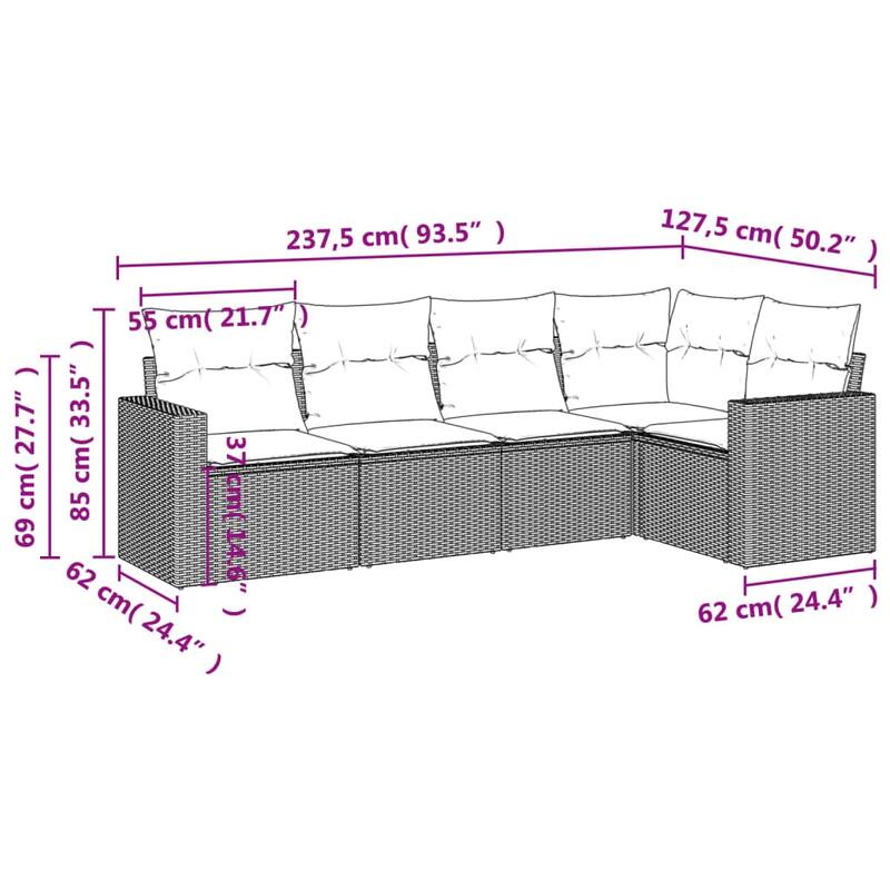 vidaXL 5/6 Piece Patio Sofa Set with Cushions Black Poly Rattan - 24.4" x 24.4" x 27.2"