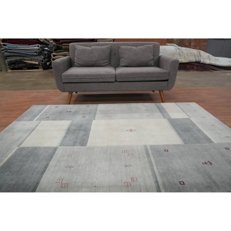 Hand Knotted Oriental 100% Wool Carpet Tribal Geometric Greys & Charcoal Gabbeh Area Rug - 7' 7'' X 5' 4''