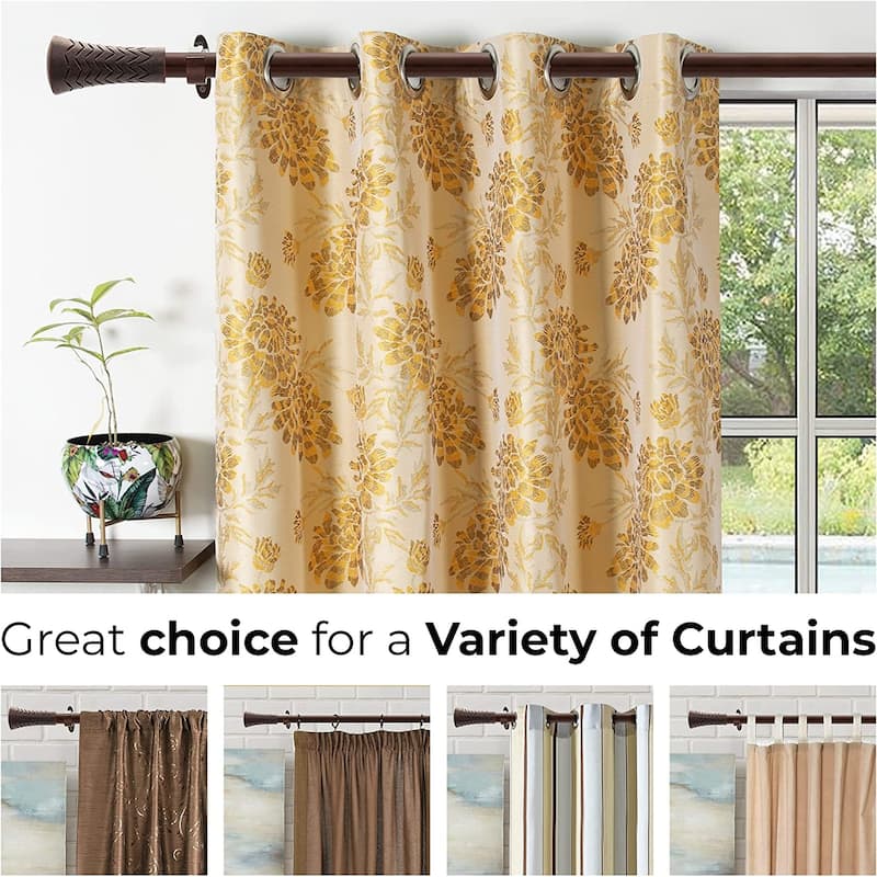 Extendable Curtain Rod for Door & Windows Adjustable Heavy Duty Iron Drapery Pole with Wood Taper Finials (19mm Dia, Brown)