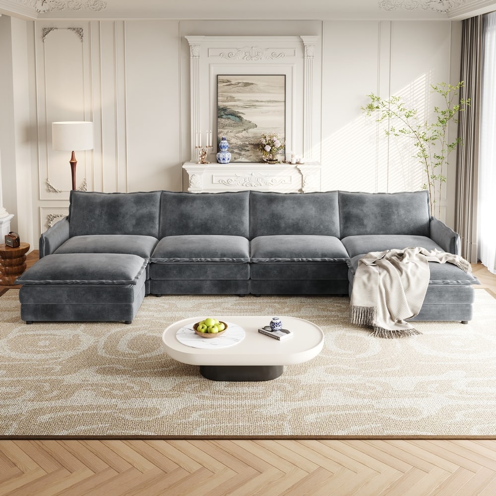 Oversized Modular U-shaped Sectional Sofa Deep Seat Couch Set with 4 Seater and 2 Ottomans Corduroy Upholstered Sofa with Chaise