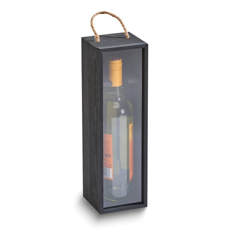 Curata Black Pine Wood Wine Box with Rope Handle and Sliding Acrylic