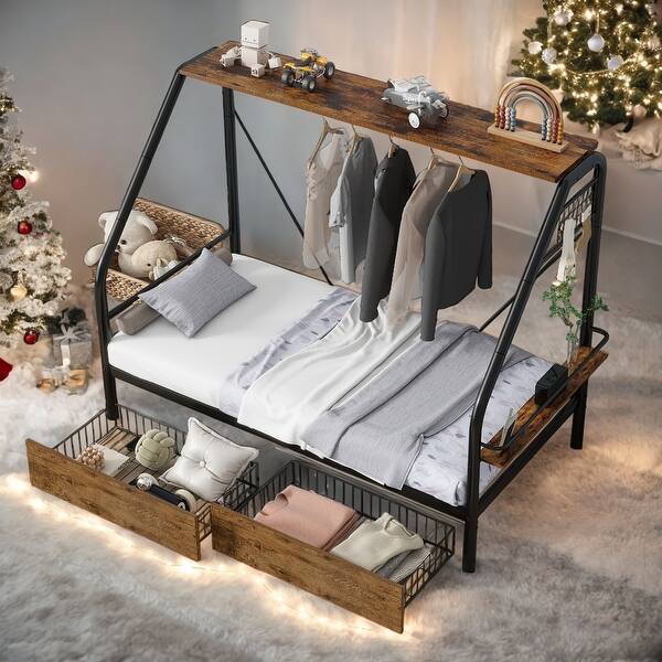 slide 2 of 9, Twin Size Platform Bed with Clothes Rack,Storage Shelves and 2 Drawers Black