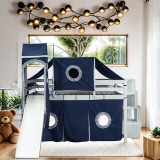 Full Size Solid Wood Loft Bed with Tent and Tower, Castle Elements