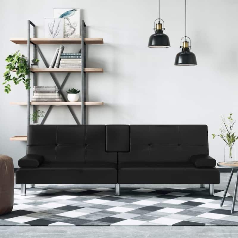 vidaXL Sofa Bed Foldable Sleeper Sofa Couch Bed with Cup Holders Faux Leather - 78.7" x 35" x 27.6" - Black