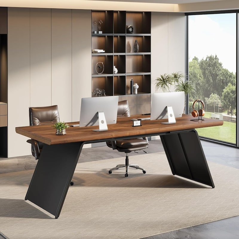 79” Double Desk for Two People, Extra Long Computer Desk with Walnut Wood Top & Black Metal Base