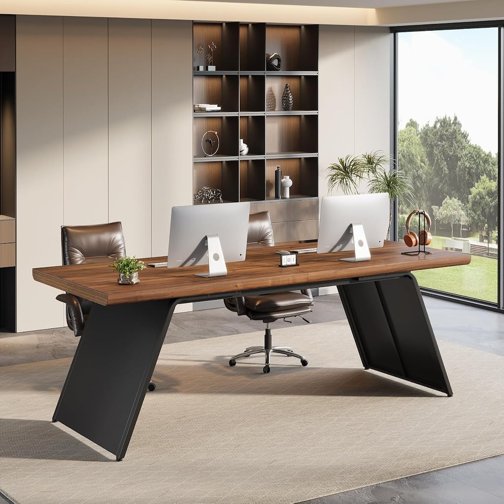 79” Two Person Desk, Extra Long Computer Desk with Walnut Wood Top & Black Metal Base