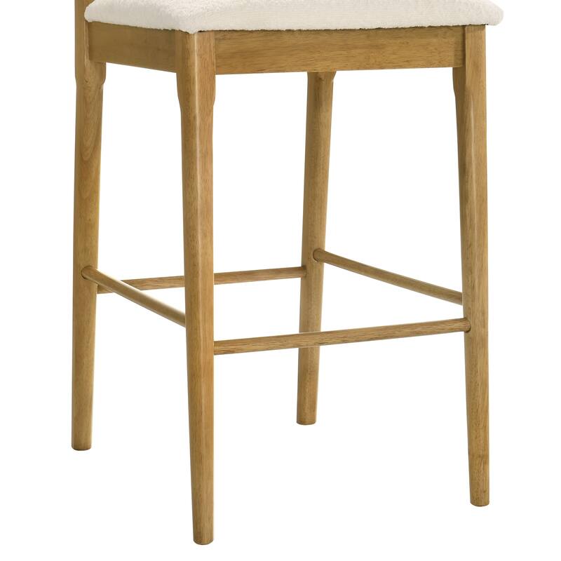 Tobias Rattan and Wood Bar Stool, Counter Height Kitchen Stool with White Boucle Fabric Upholstered Seat
