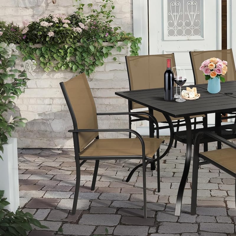 7 Piece Outdoor Patio Metal Dining Set of 6 Textilene Chairs and Rectangle Table with Umbrella Hole