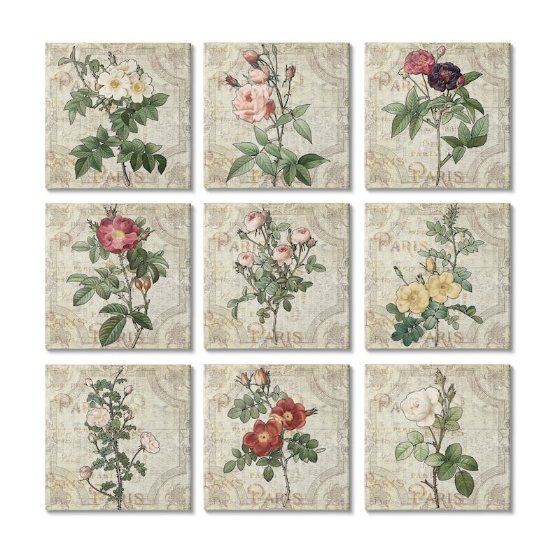Stupell Parisian Spring Florals Regal Patterned Background 9 Piece Canvas Wall Art Set Design By Ziwei Li - 12 x 12