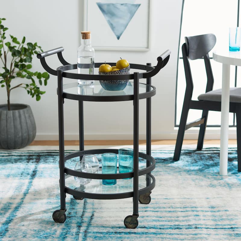 SAFAVIEH Sienna 2 Tier Round Bar Cart-Black Nickel / Glass. - 24" W x 20" D x 34" H - Matte/Black