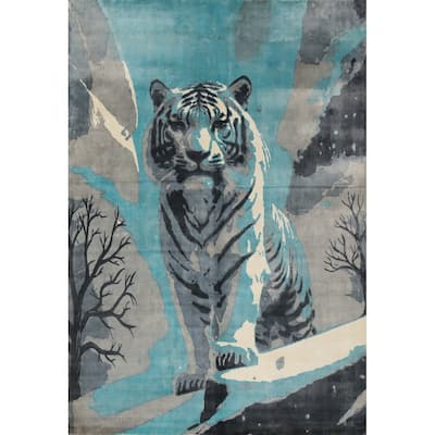 Hand Knotted Oriental Viscose Silk Carpet Modern Animal Pictorial Navy Blue & Blues Abstract Area Rug - 7' 7'' X 5' 8''