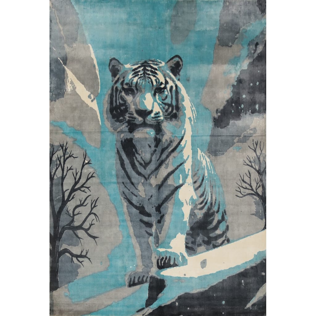 Hand Knotted Oriental Viscose Silk Carpet Modern Animal Pictorial Navy Blue & Blues Abstract Area Rug - 7' 7'' X 5' 8''