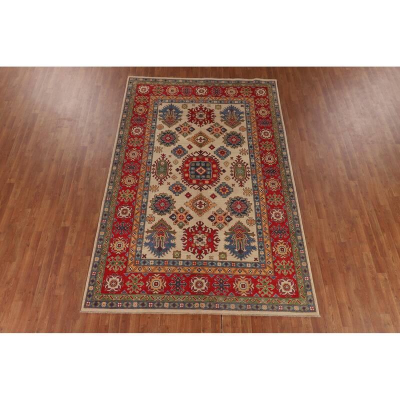 Geometric Kazak Area Rug Hand-Knotted Beige / Ivory Wool Carpet - 6'5" x 9'8"