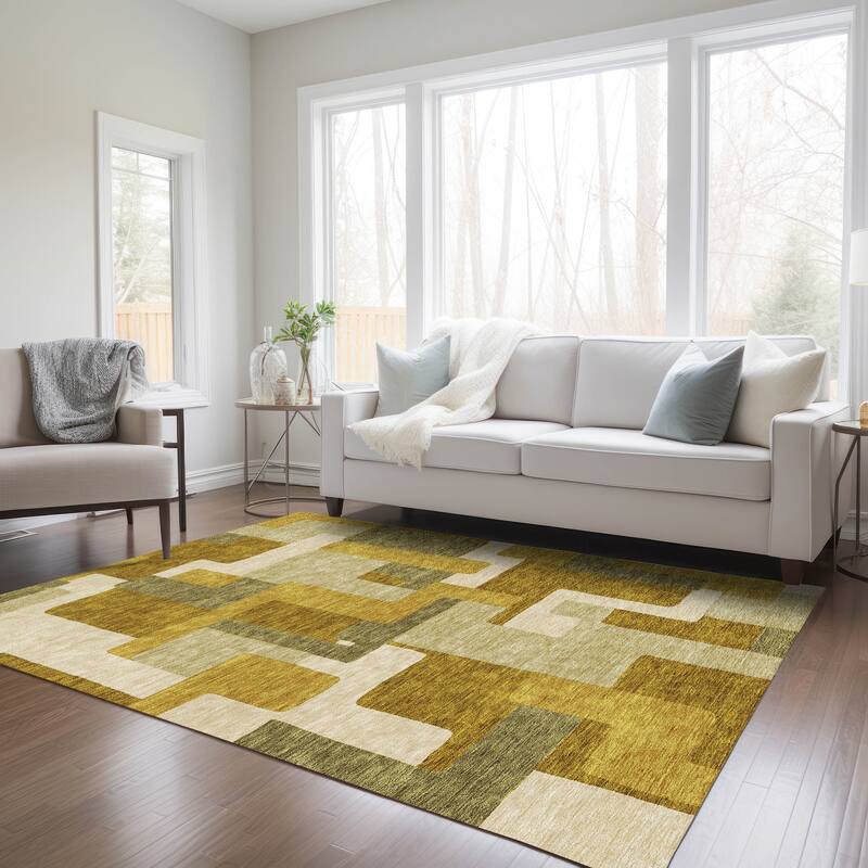 Machine Washable Indoor/ Outdoor Contempoary Blocks Chantille Rug