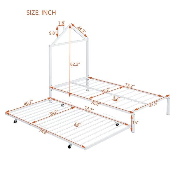 dimension image slide 0 of 2, Twin Size Metal Platform Bed with trundle, House-Shaped Headboard Design for Kids, Boys and Girls